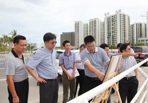 项目总经理张峰向吴岩峻(左二)汇报槟榔河项目工作情况